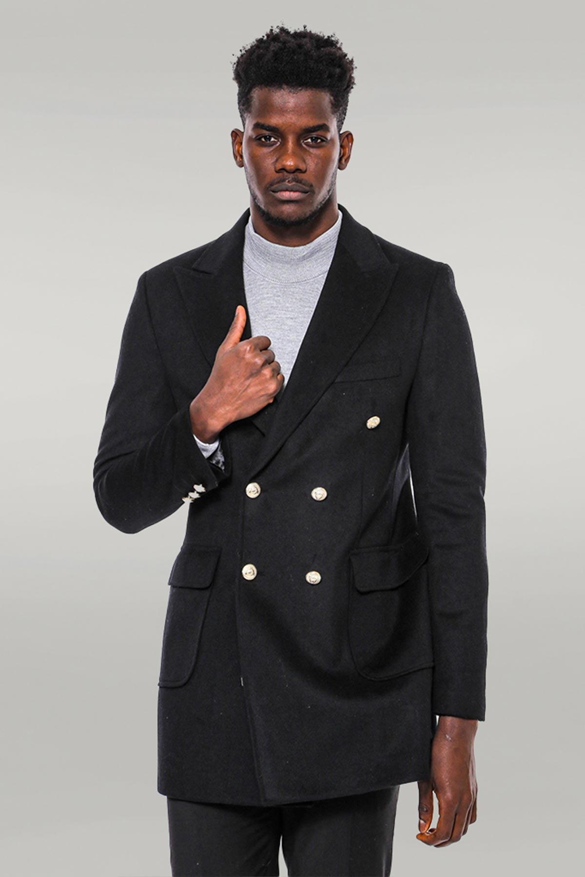 Mens double breasted coat black deals