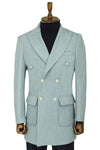 Metal Buttons Wool Cashmere Light Blue Men Double Breasted Coat - Wessi