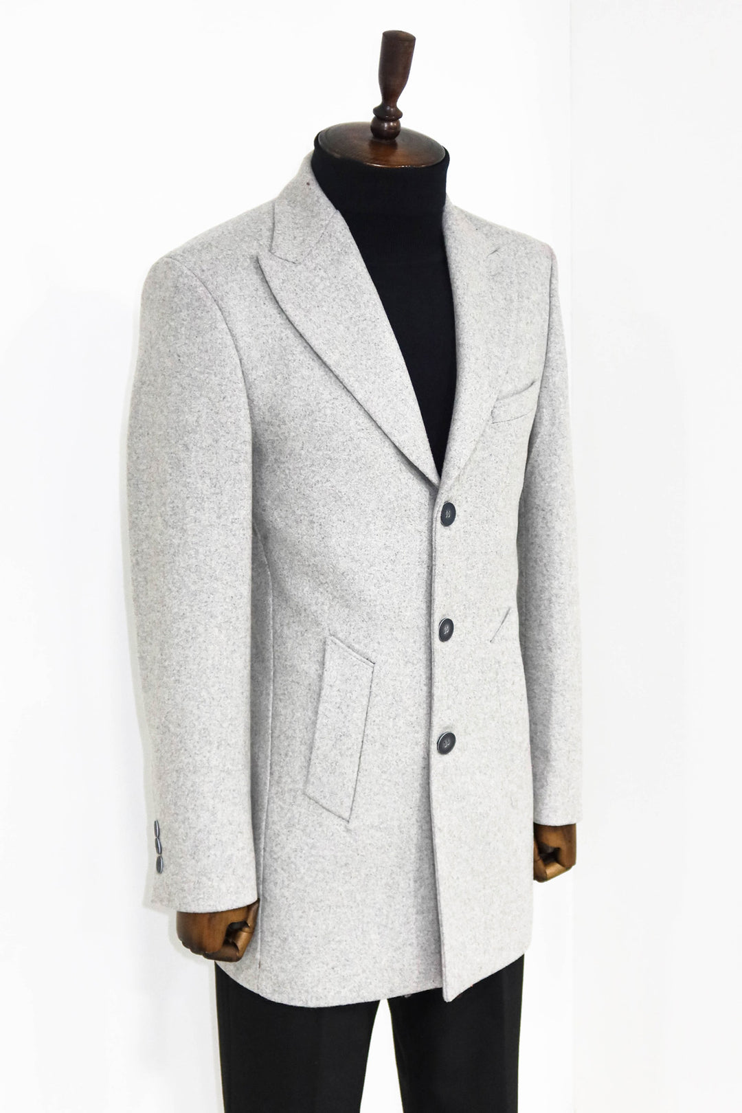 Wide Lapel Wool Grey Men Coat - Wessi