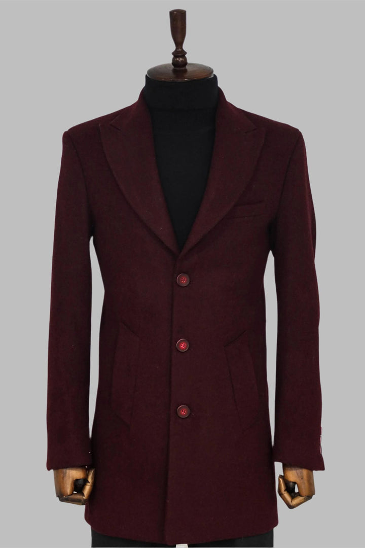 Wide Lapel Wool Burgundy Men Coat - Wessi