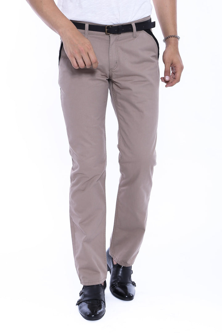 Garment Stitched Pockets Cotton Beige Men Trousers