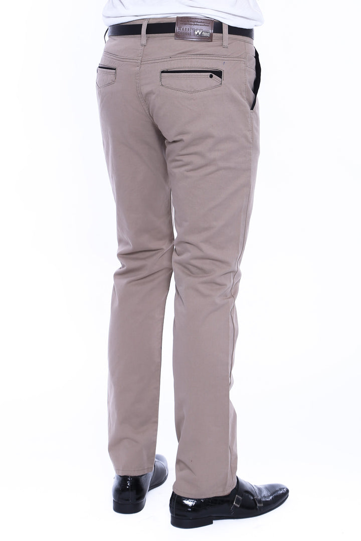 Garment Stitched Pockets Cotton Beige Men Trousers