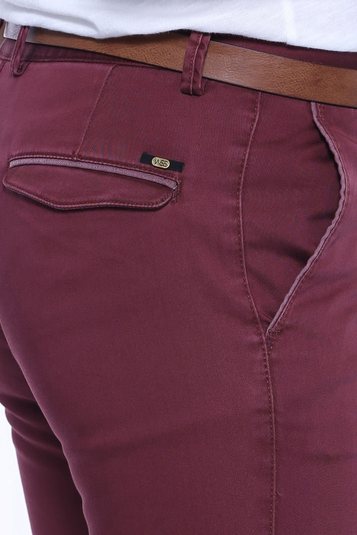 Pocket Flap Plain Burgundy Pants-Wessi