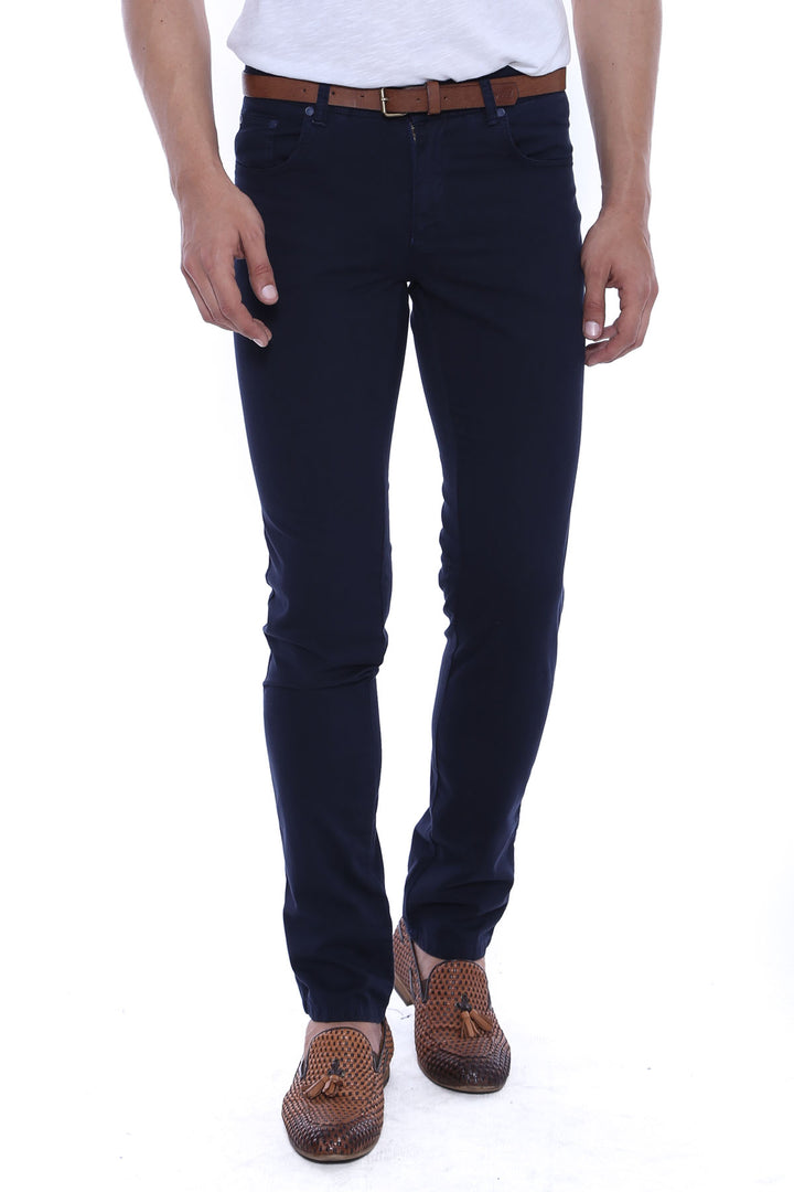 Slim Fit Plain 5 Pockets Navy Blue Men Pants - Wessi