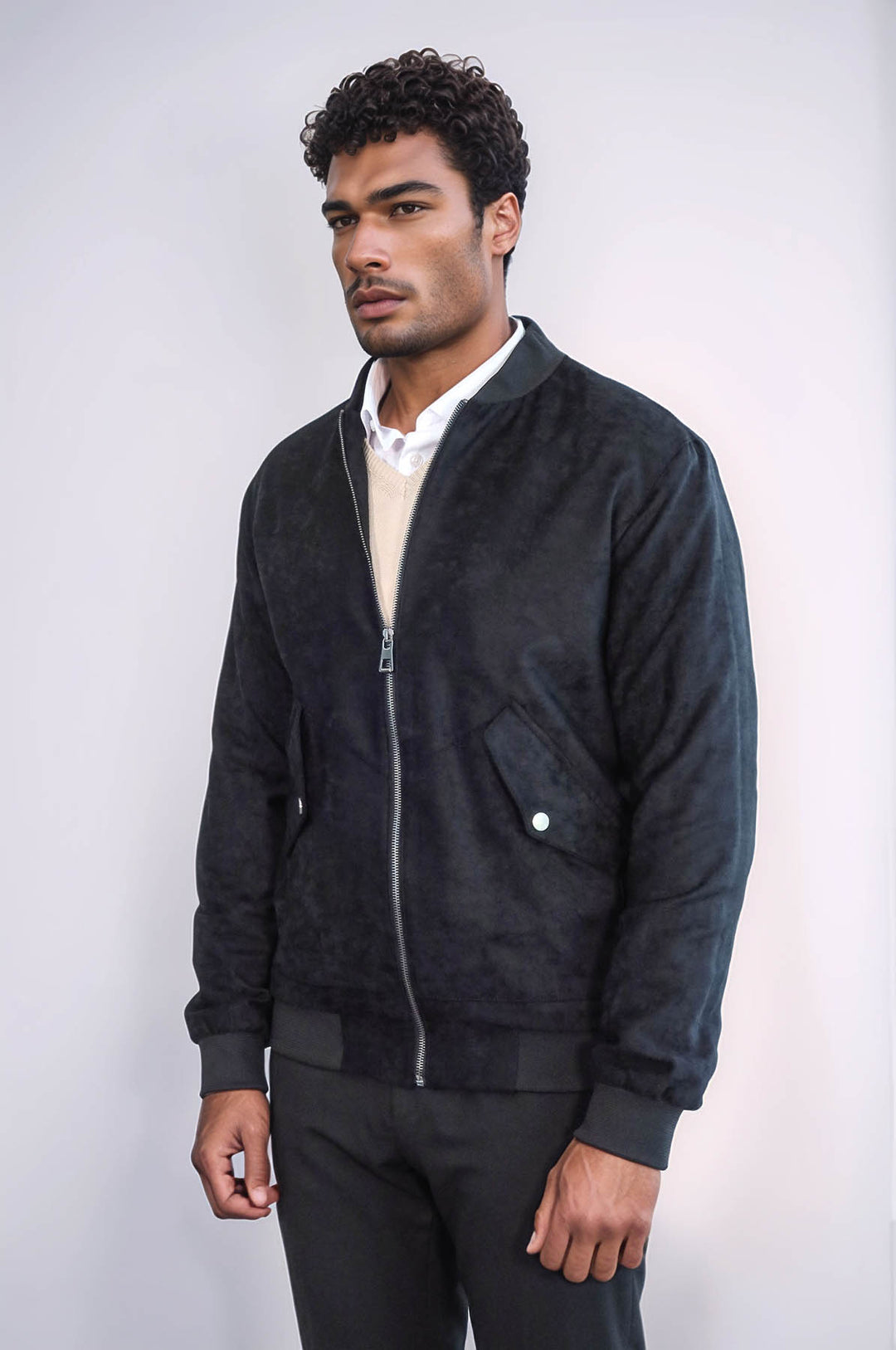 Manteau Bomber Homme Noir en Daim avec Poches à Rabat - Wessi