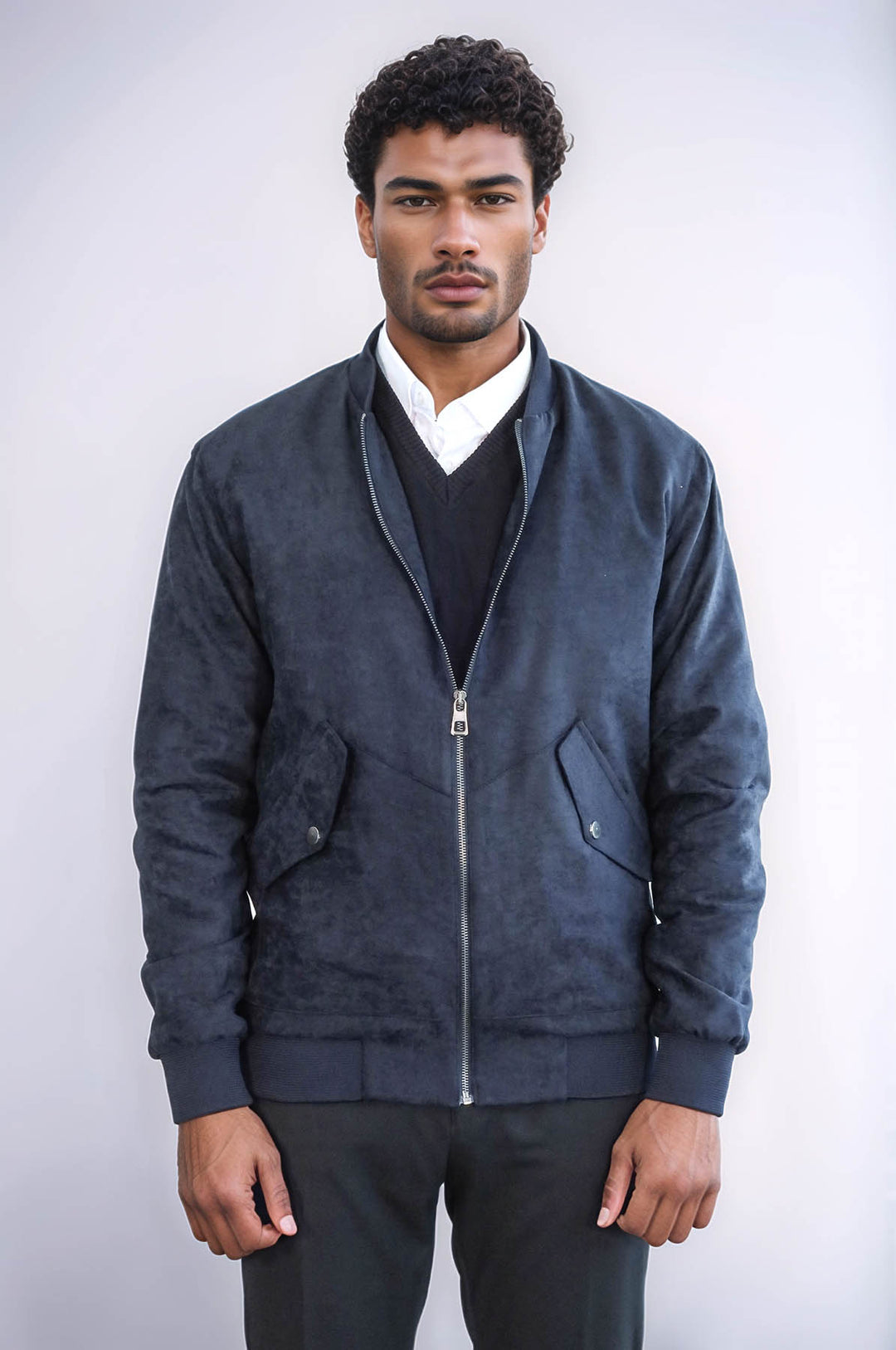 Manteau Bomber Homme Bleu Foncé en Daim avec Poches à Rabat - Wessi