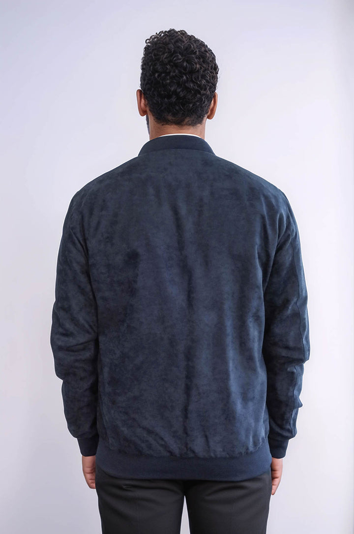 Manteau Bomber Homme Bleu Foncé en Daim avec Poches à Rabat - Wessi