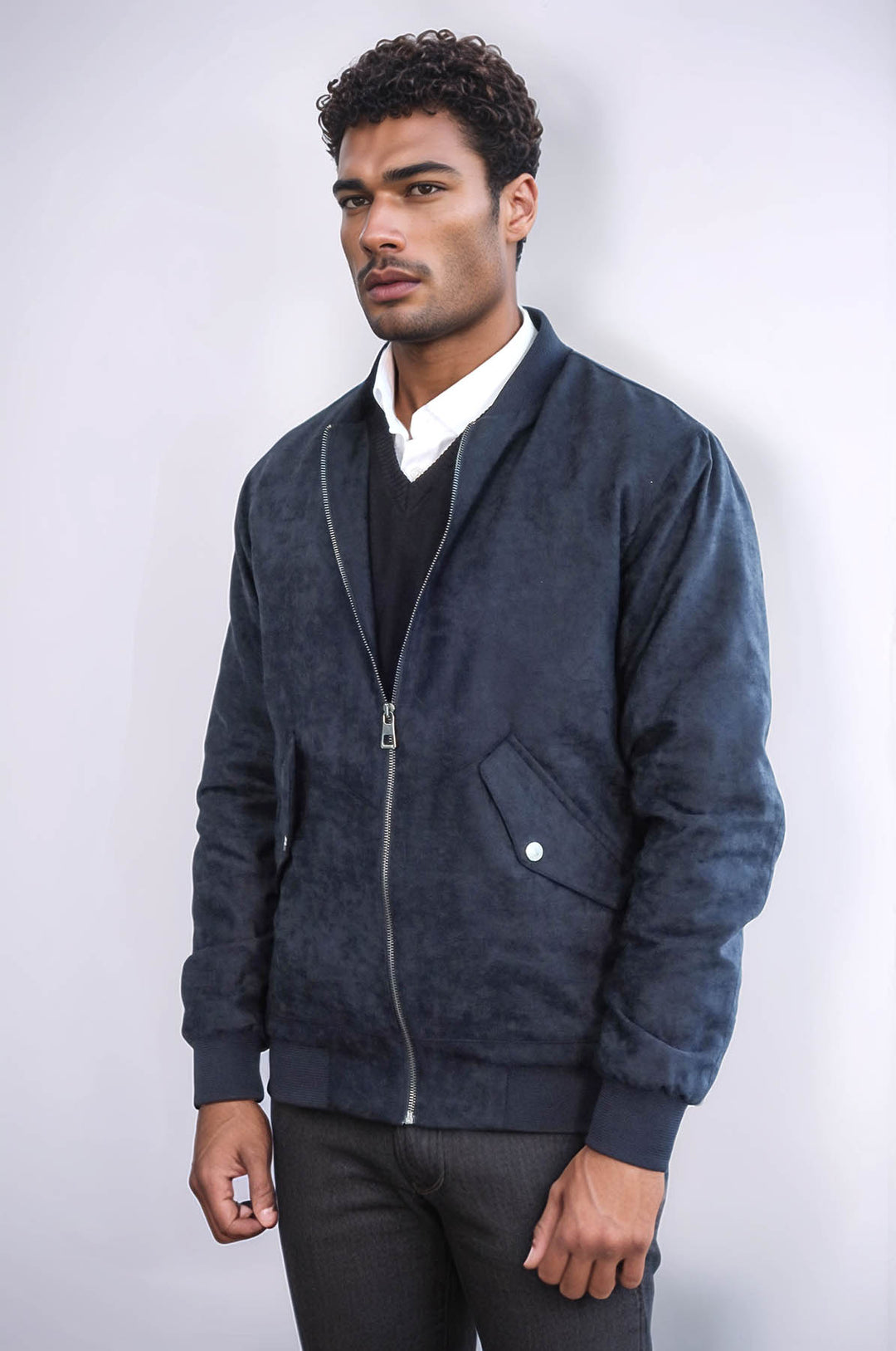 Manteau Bomber Homme Bleu Foncé en Daim avec Poches à Rabat - Wessi