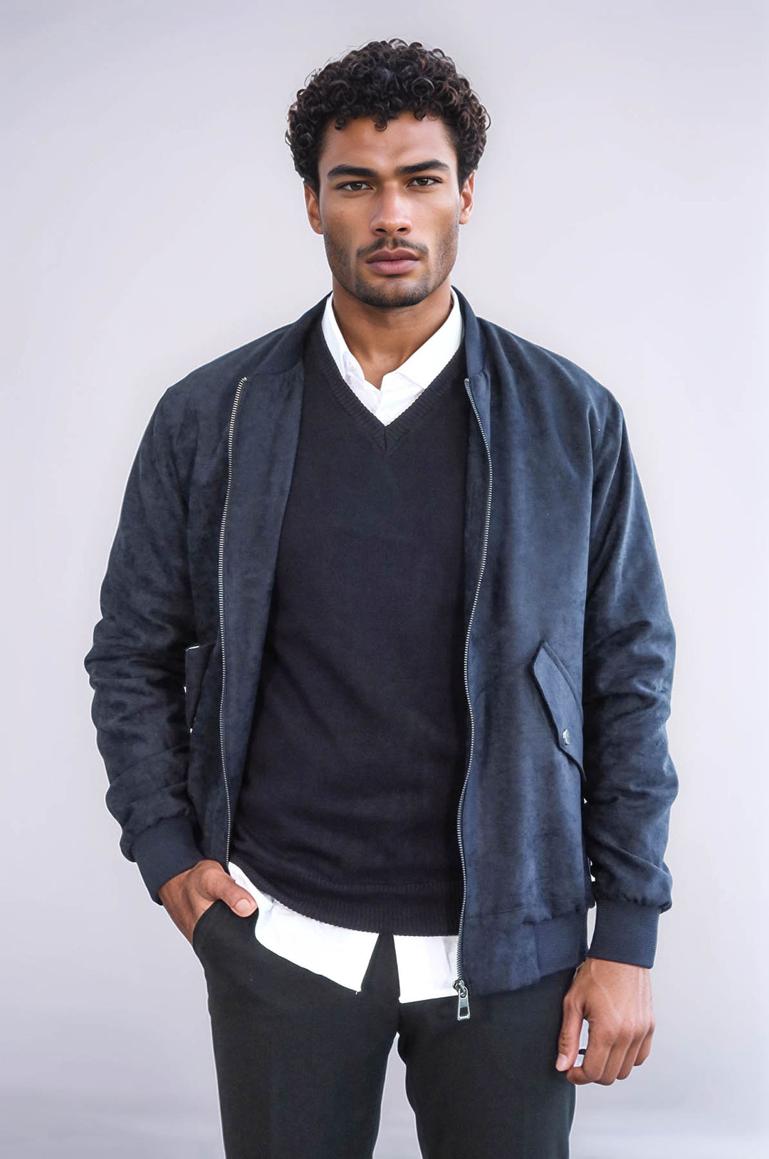 Manteau Bomber Homme Bleu Foncé en Daim avec Poches à Rabat - Wessi