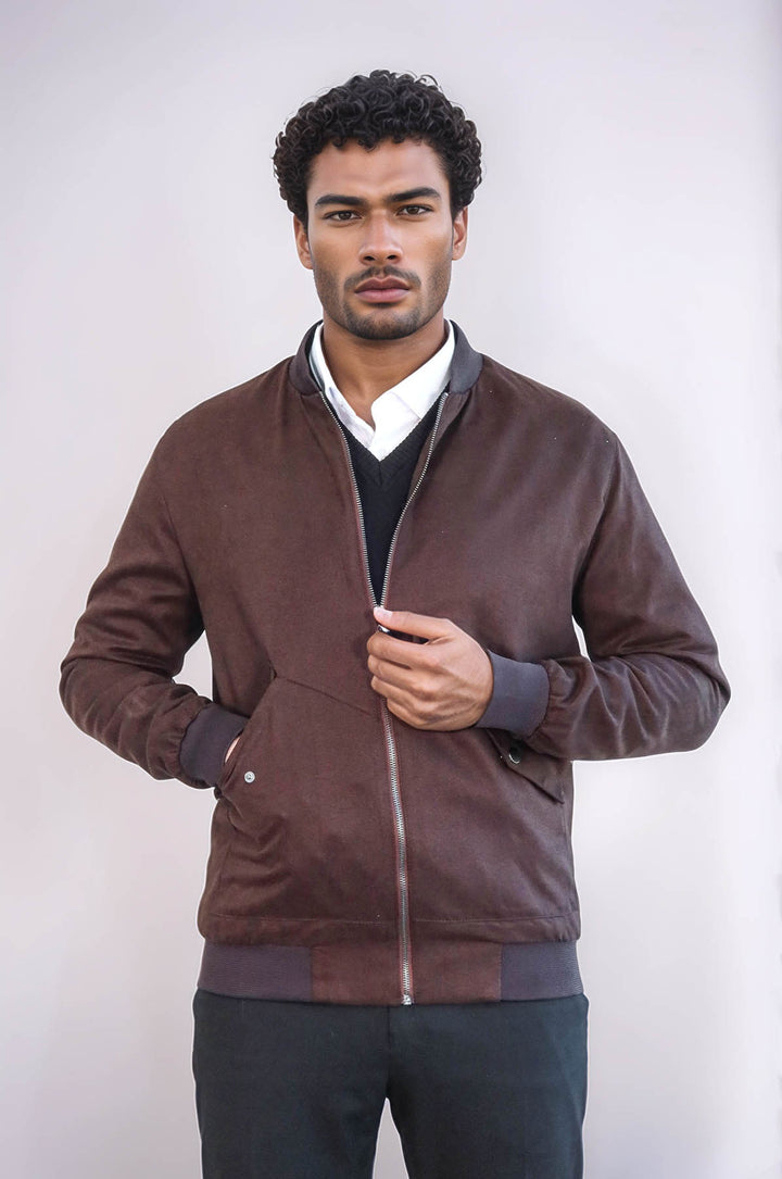 Manteau Bomber Homme Daim Marron avec Poches à Rabat - Wessi