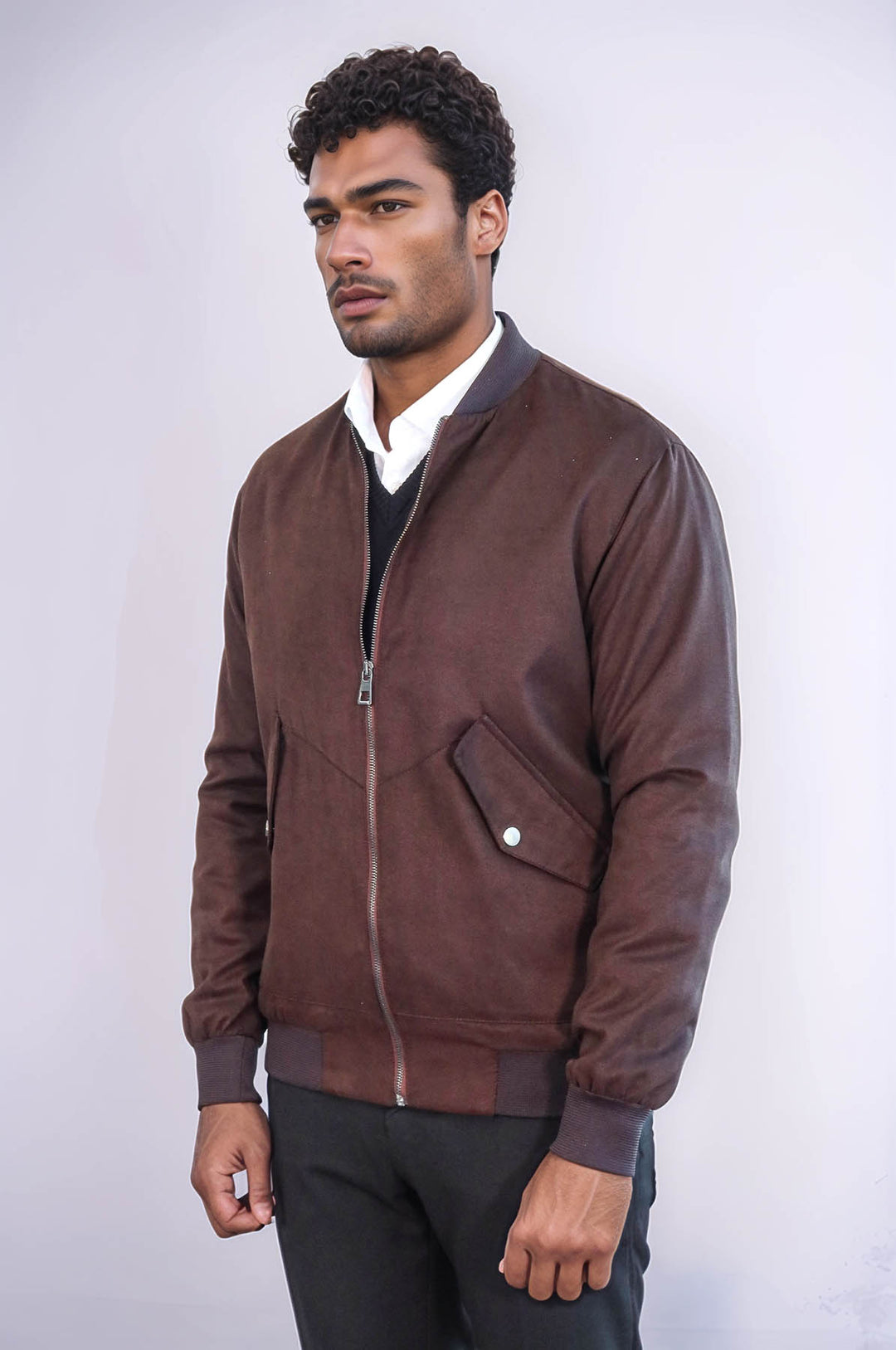 Manteau Bomber Homme Daim Marron avec Poches à Rabat - Wessi