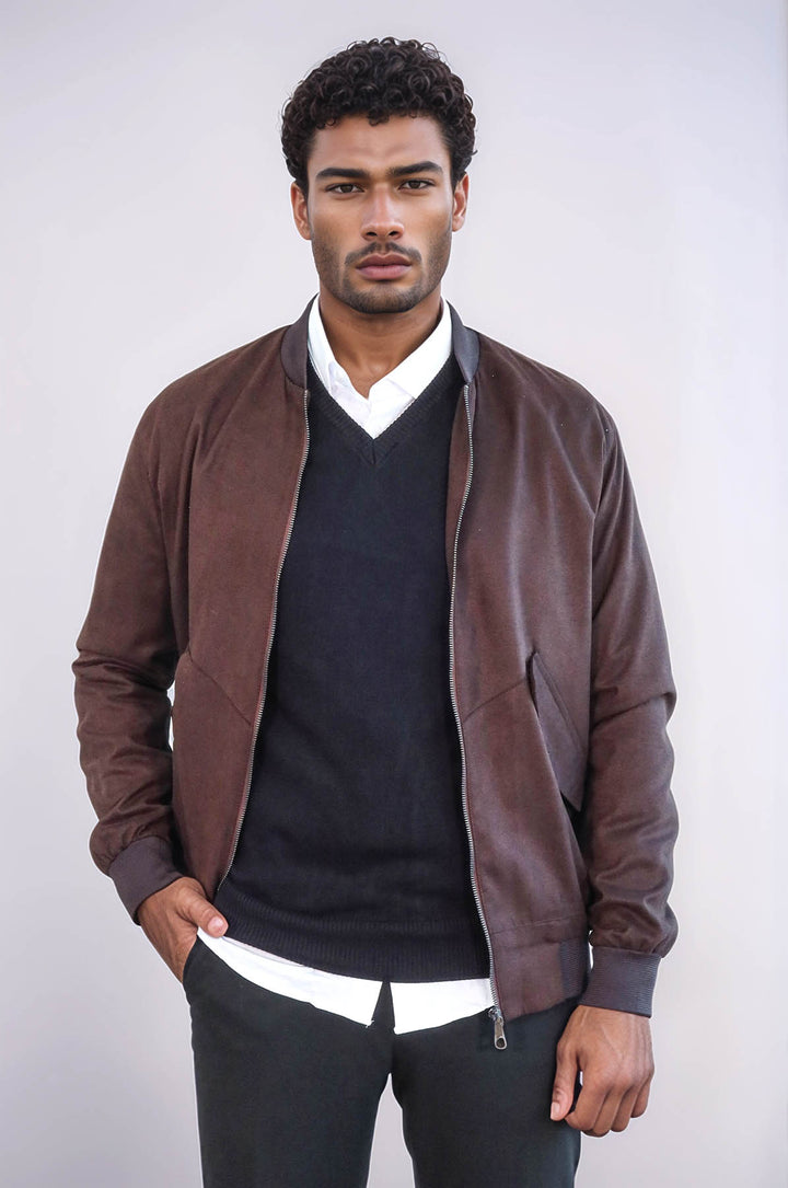 Manteau Bomber Homme Daim Marron avec Poches à Rabat - Wessi