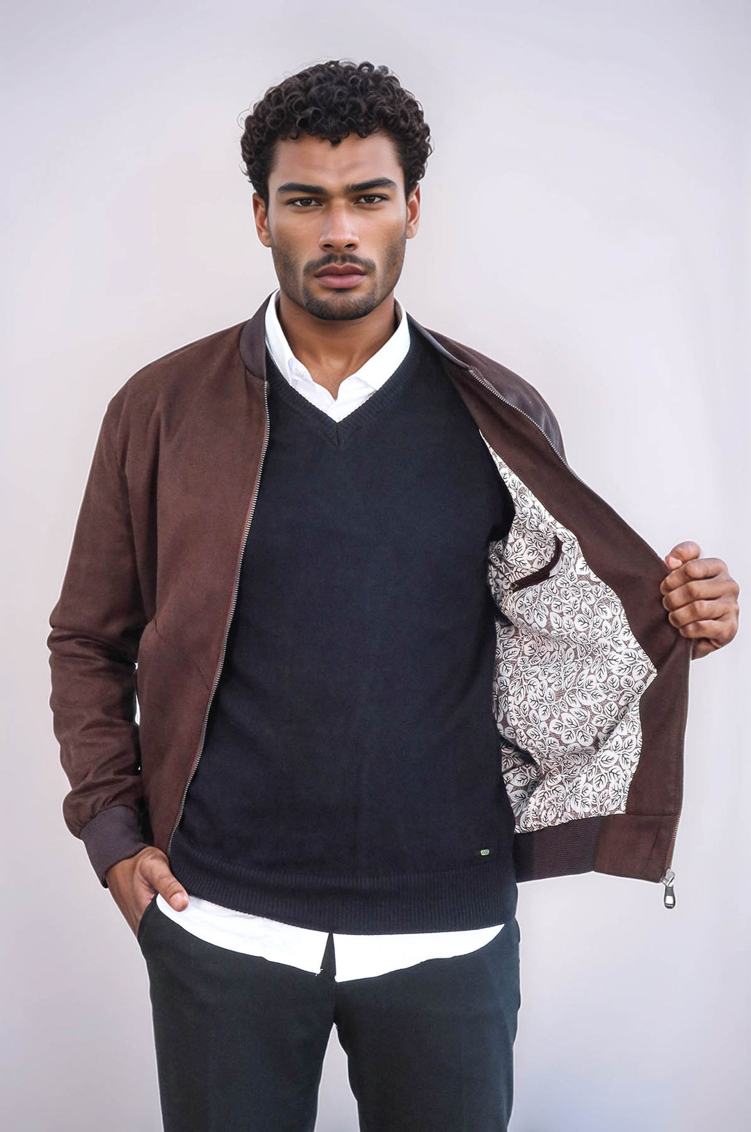 Manteau Bomber Homme Daim Marron avec Poches à Rabat - Wessi