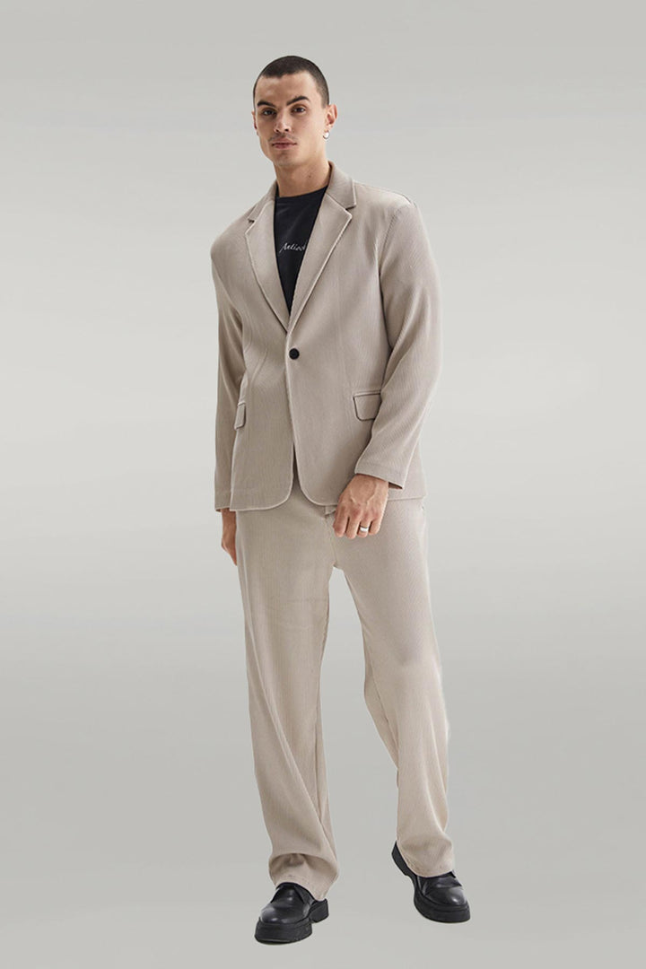 Men's Beige Ribbed Textured Oversize Suit - Wessi