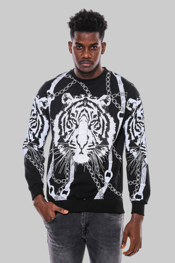 Tiger Patterned Slim Fit Black Sweatshirt - Wessi