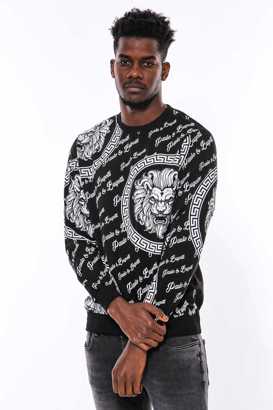Slim Fit Patterned Black Sweatshirt - Wessi