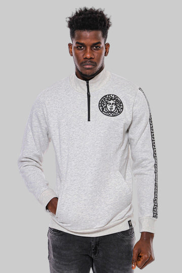 Mandarin Collar Patterned Grey Sweatshirt - Wessi