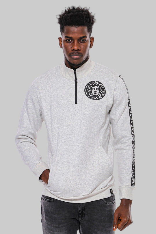 Mandarin Collar Patterned Grey Sweatshirt - Wessi