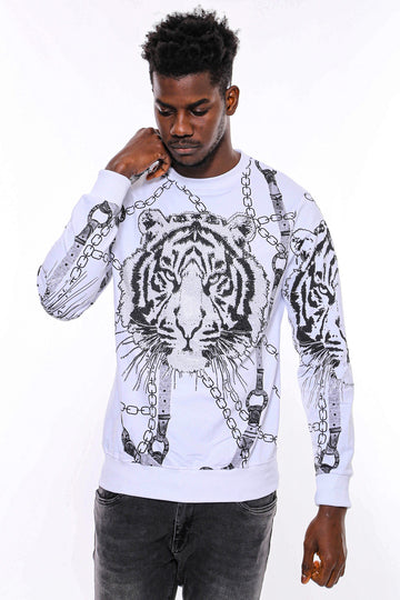 Tiger Patterned Slim Fit White Sweatshirt Tiger Patterned Slim Fit White Sweatshirt - Wessi