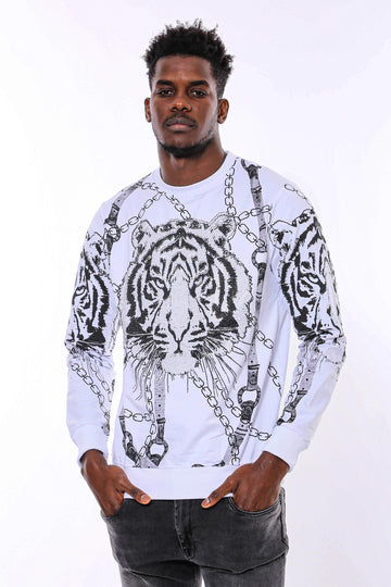 Tiger Patterned Slim Fit White Sweatshirt Tiger Patterned Slim Fit White Sweatshirt - Wessi