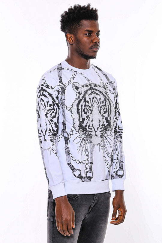 Tiger Patterned Slim Fit White Sweatshirt Tiger Patterned Slim Fit White Sweatshirt - Wessi