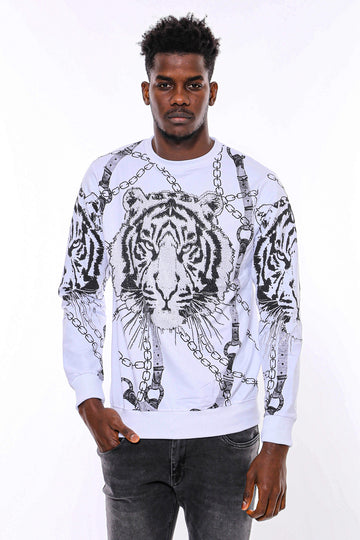 Tiger Patterned Slim Fit White Sweatshirt Tiger Patterned Slim Fit White Sweatshirt - Wessi