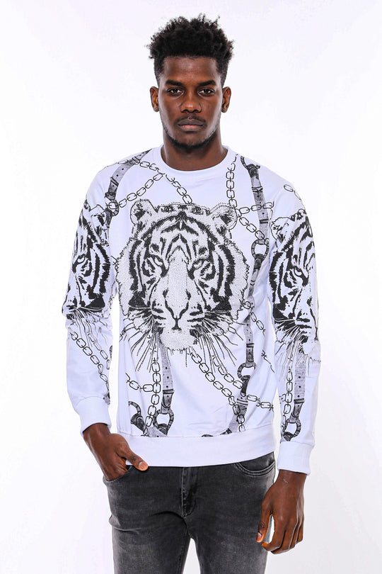 Tiger Patterned Slim Fit White Sweatshirt Tiger Patterned Slim Fit White Sweatshirt - Wessi