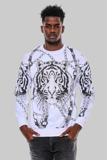 Tiger Patterned Slim Fit White Sweatshirt Tiger Patterned Slim Fit White Sweatshirt - Wessi