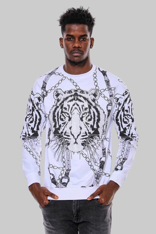 Tiger Patterned Slim Fit White Sweatshirt Tiger Patterned Slim Fit White Sweatshirt - Wessi