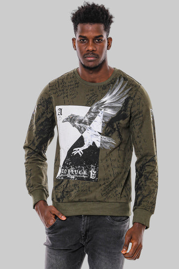 Dark Green Patterned Slim Fit Sweatshirt - Wessi
