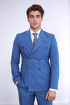 Wide Peak Lapel Striped Slim Fit Blue Men Double-Breasted Suit - Wessi