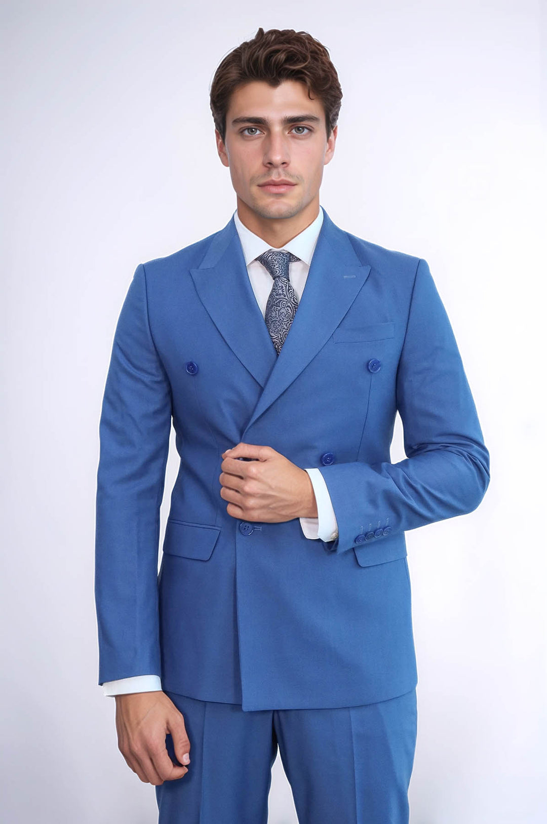 Wide Peak Lapel Striped Slim Fit Blue Men Double-Breasted Suit - Wessi