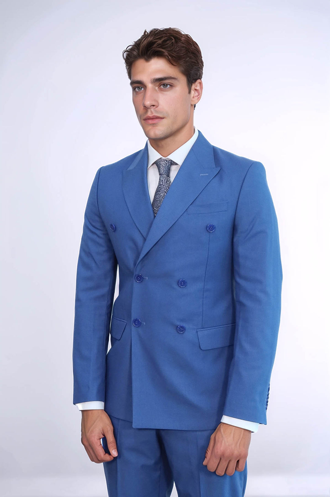 Wide Peak Lapel Striped Slim Fit Blue Men Double-Breasted Suit - Wessi