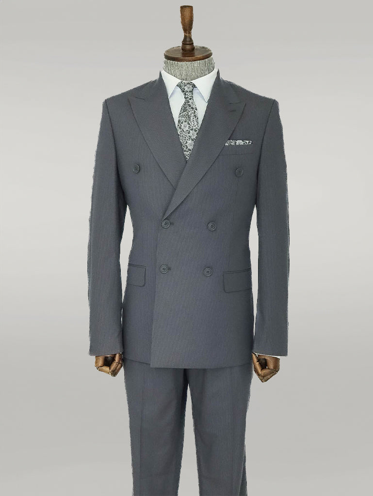 Traje Cruzado Hombre Gris Slim Fit A Rayas Con Solapa De Pico Ancha - Wessi