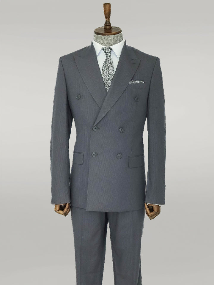 Traje Cruzado Hombre Gris Slim Fit A Rayas Con Solapa De Pico Ancha - Wessi