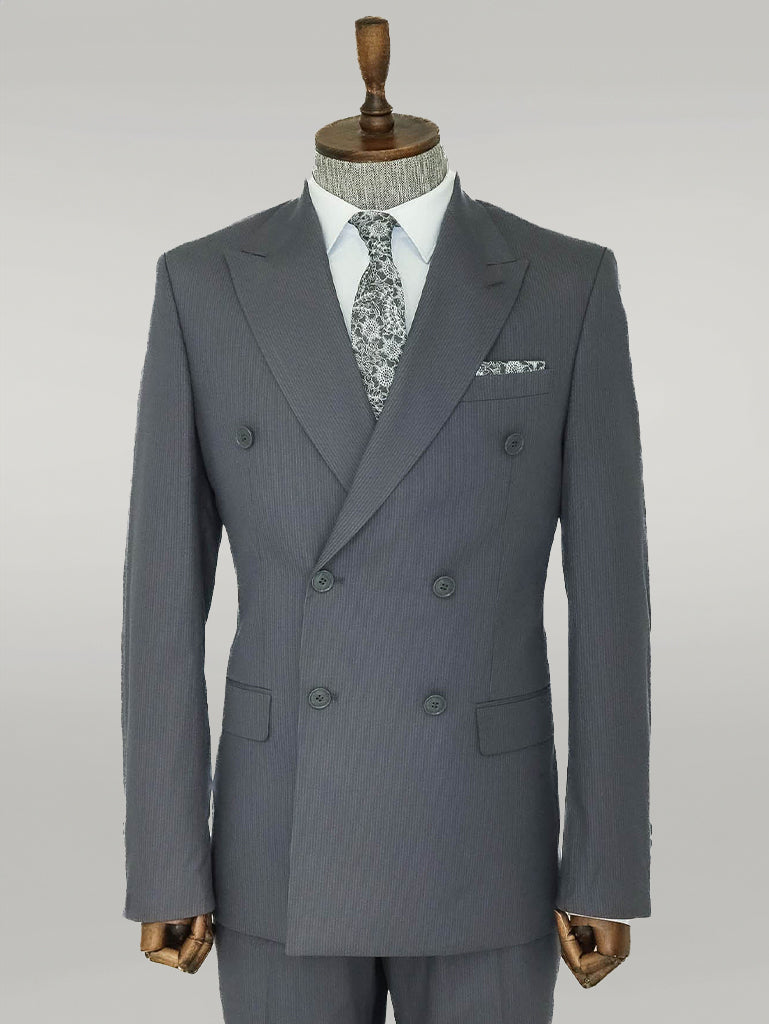 Wide Peak Lapel Striped Slim Fit Gray Men Double-Breasted Suit - Wessi