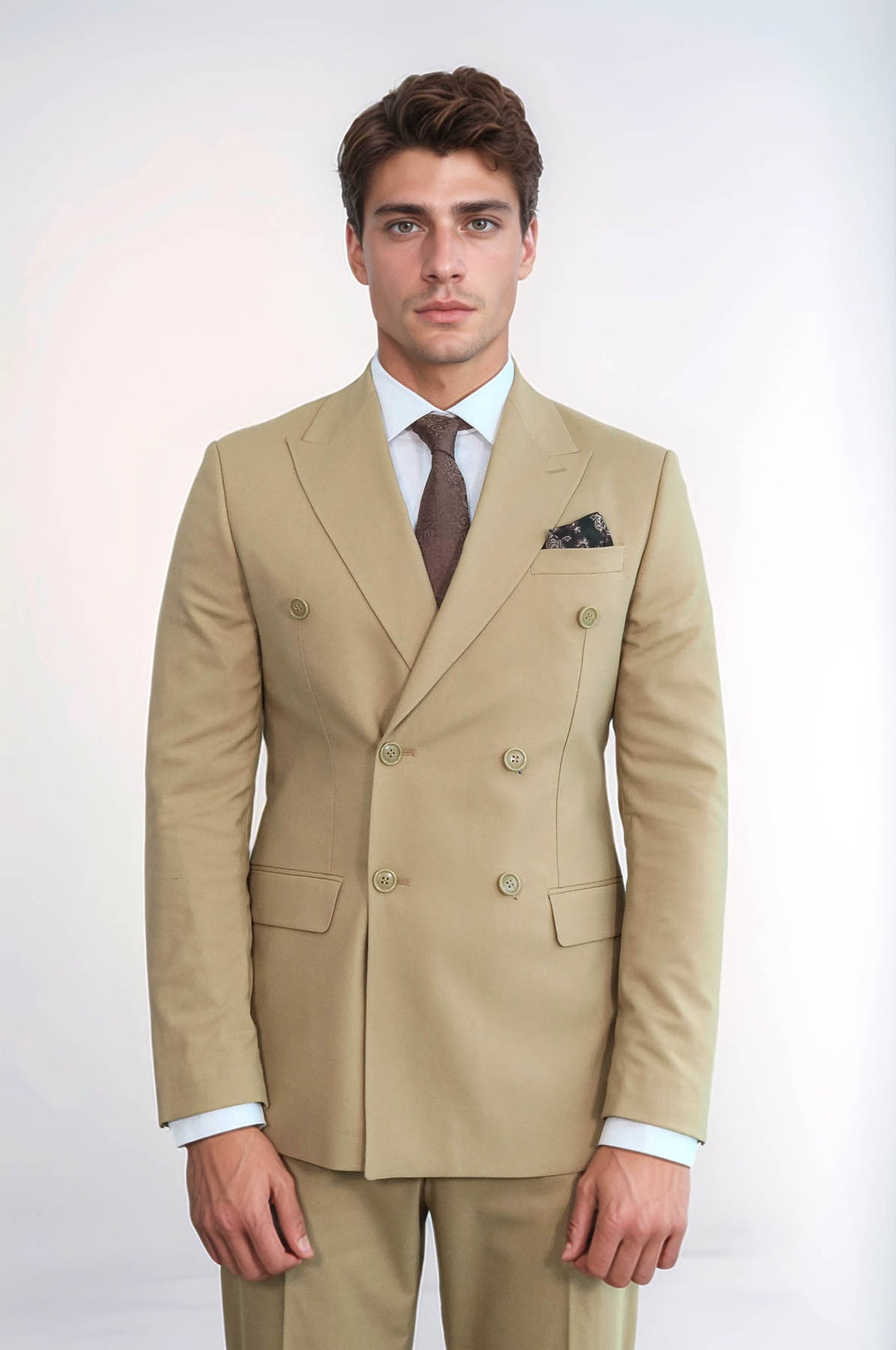 Wide Peak Collar Slim Fit Cream Men Double-Breasted Suit - Wessi