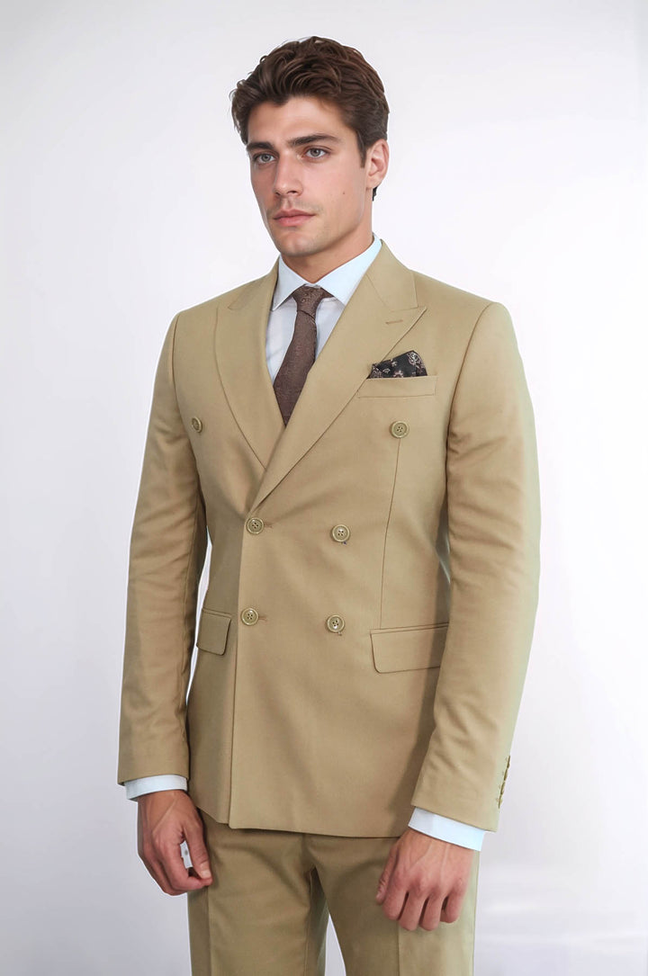 Wide Peak Collar Slim Fit Cream Men Double-Breasted Suit - Wessi