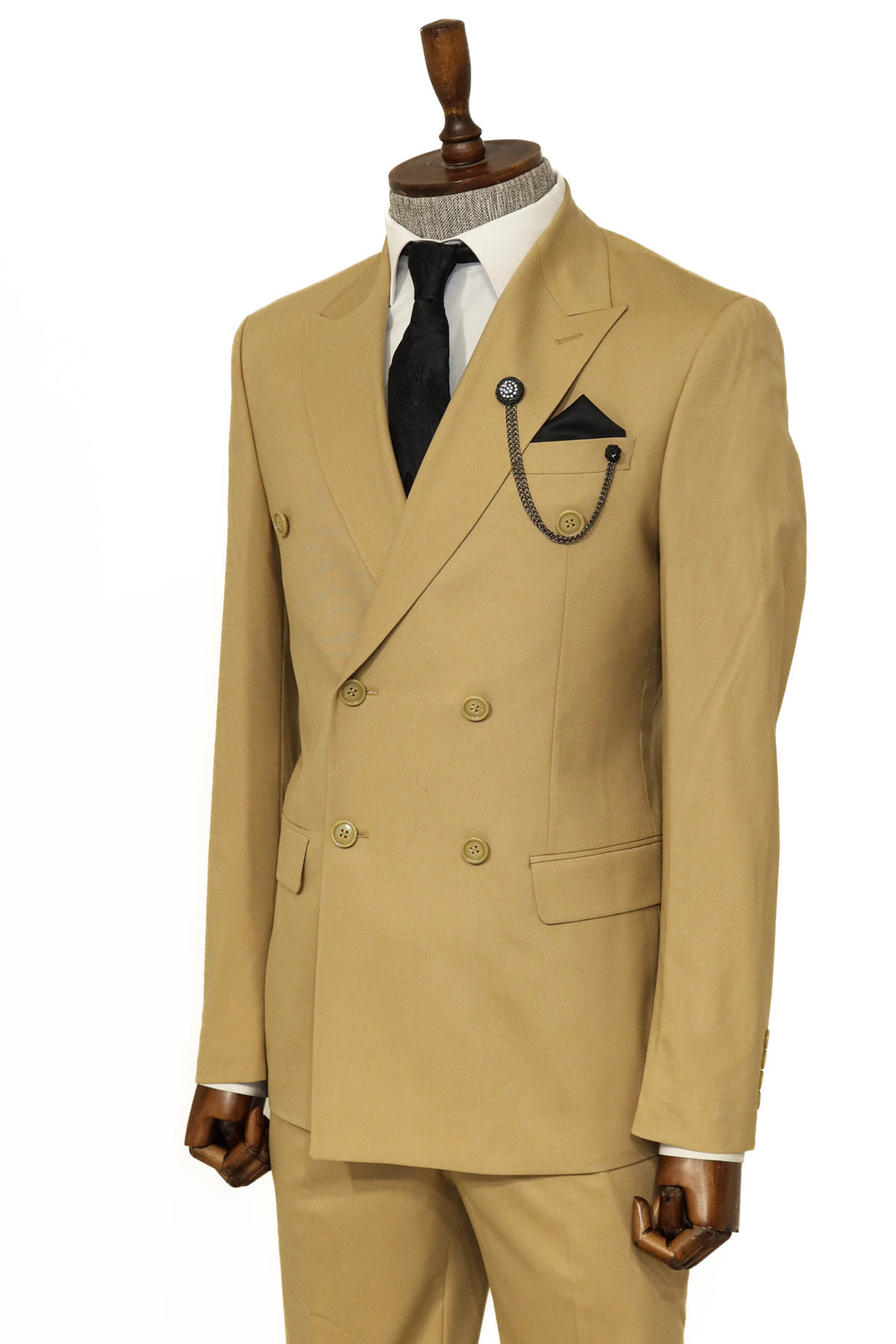 Wide Peak Collar Slim Fit Cream Men Double-Breasted Suit - Wessi