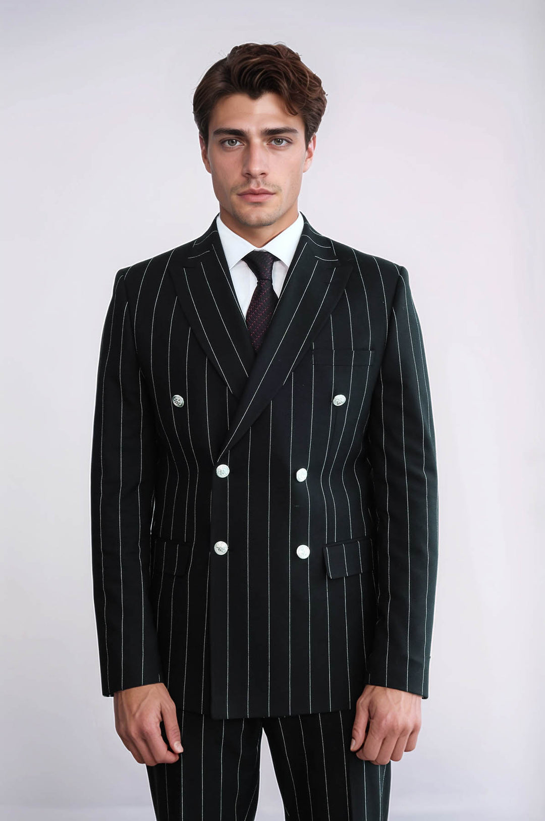 Pinstripe Double Breasted Men’s Black Suit with Silver Button Details - Wessi