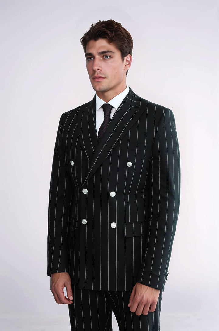 Pinstripe Double Breasted Men’s Black Suit with Silver Button Details - Wessi