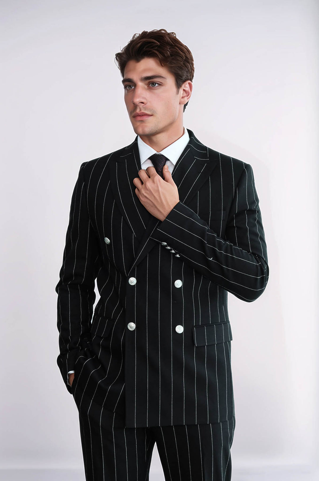 Pinstripe Double Breasted Men’s Black Suit with Silver Button Details - Wessi