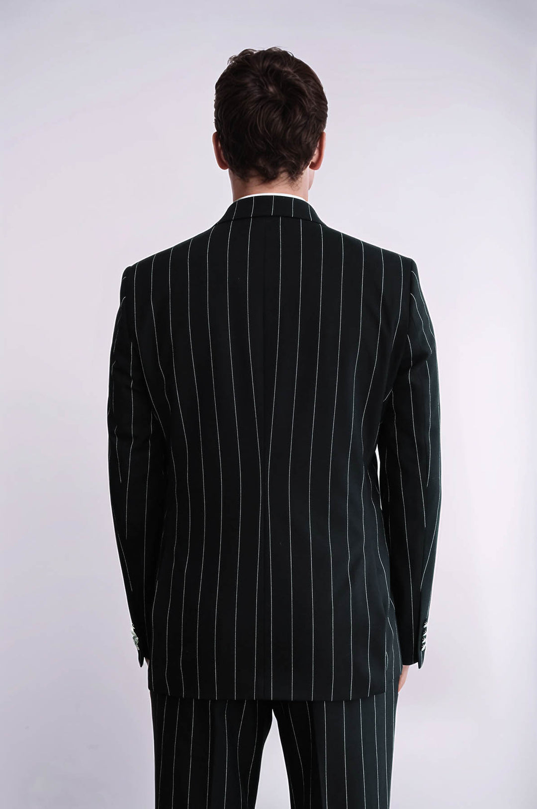 Pinstripe Double Breasted Men’s Black Suit with Silver Button Details - Wessi