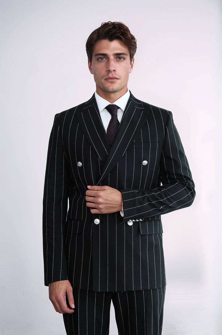 Pinstripe Double Breasted Men’s Black Suit with Silver Button Details - Wessi