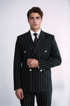 Pinstripe Double Breasted Men’s Black Suit with Silver Button Details - Wessi