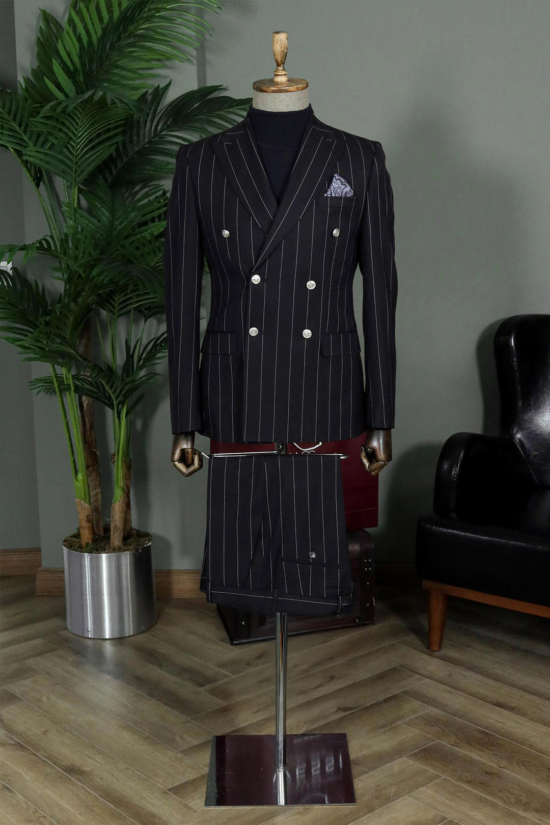 Pinstripe Double-Breasted Black Suit and Knitwear Look for Office Elegance - Wessi