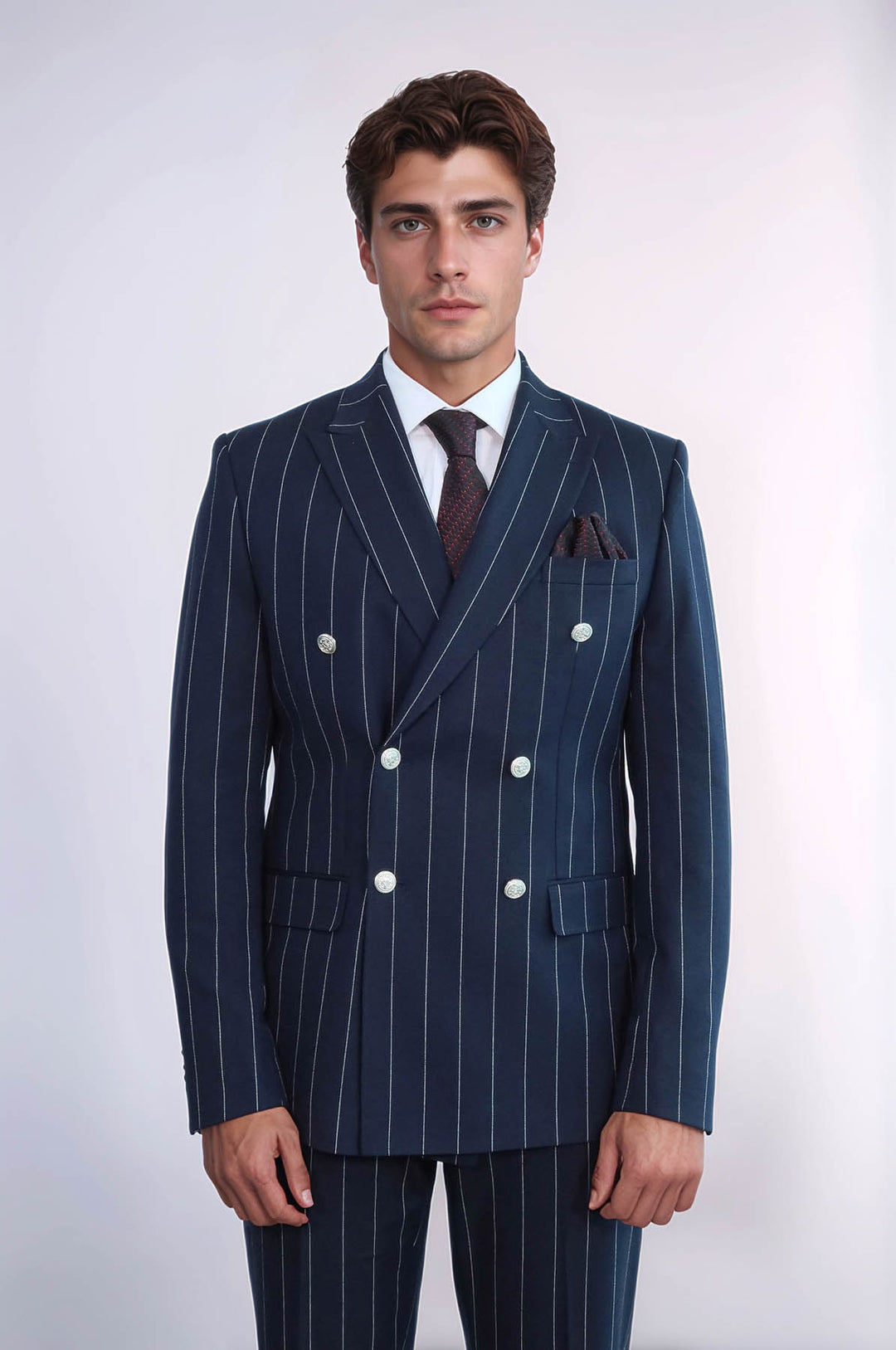 Pinstripe Double Breasted Men’s Navy Blue Suit with Silver Button Details - Wessi