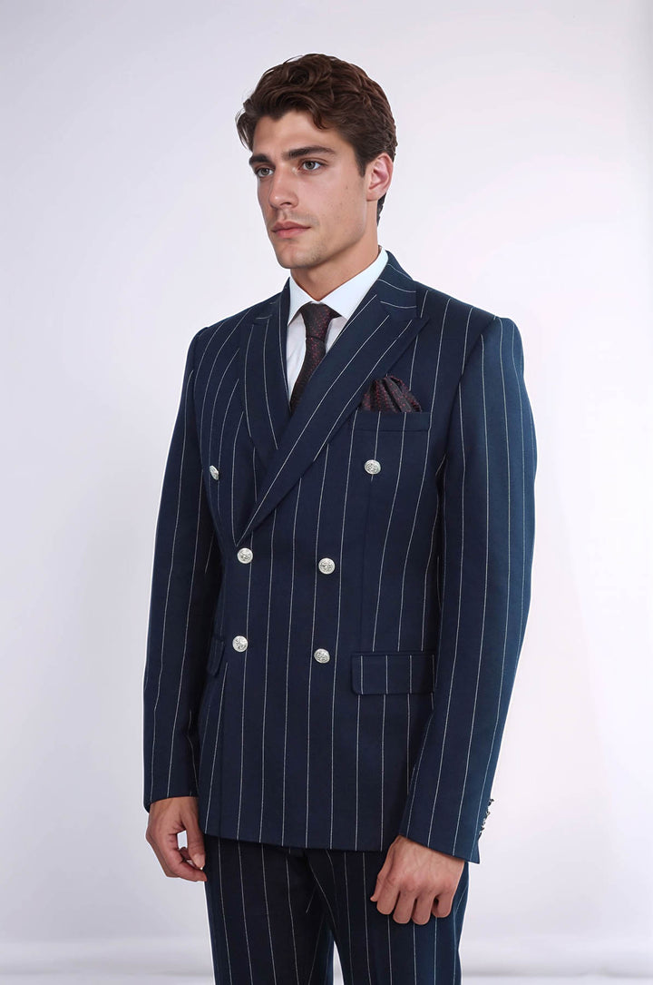 Pinstripe Double Breasted Men’s Navy Blue Suit with Silver Button Details - Wessi