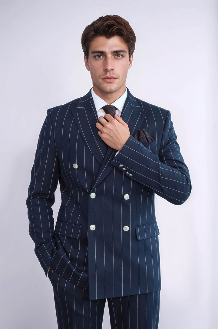 Pinstripe Double Breasted Men’s Navy Blue Suit with Silver Button Details - Wessi