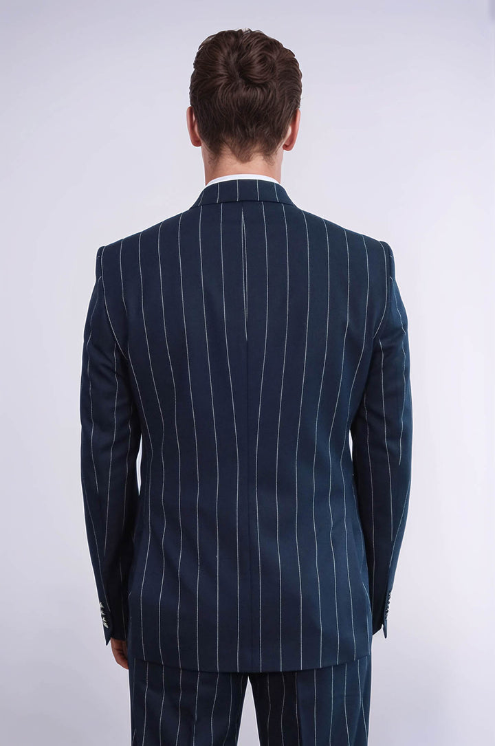 Pinstripe Double Breasted Men’s Navy Blue Suit with Silver Button Details - Wessi